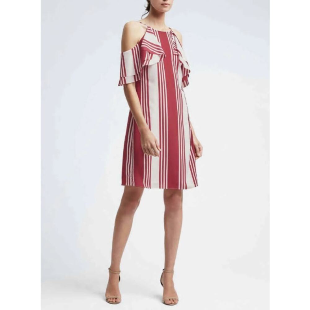 NWT Banana Republic Red Stripe Ruffle Cold-Shoulder Dress Size 8